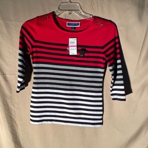 Karen Scott Striped Red/Blk/Wht/Gry Top Petite